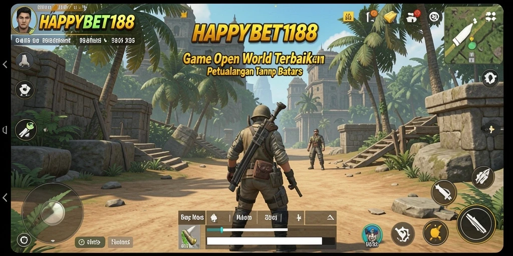 Screenshot gameplay <strong>HAPPYBET188</strong> yang menunjukkan eksplorasi dunia terbuka yang luas dan indah.
