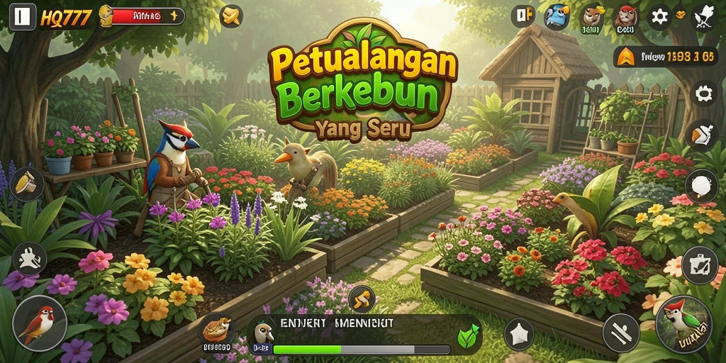 Tangkapan layar gameplay menarik dari HQ777 yang menunjukkan proses berkebun.