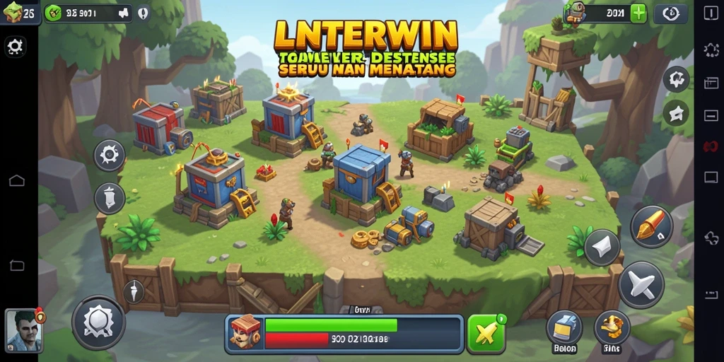 Screenshot gameplay LNTERWIN menampilkan pertempuran menara yang intens.