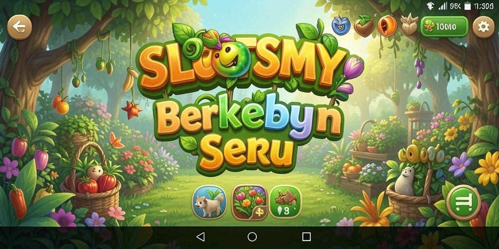Tampilan gameplay SLOTSMY yang menampilkan kebun yang penuh warna dan tanaman subur.