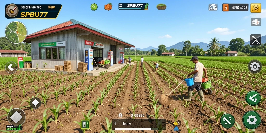 Tampilan gameplay SPBU77 yang menarik dan penuh warna dalam pertanian.