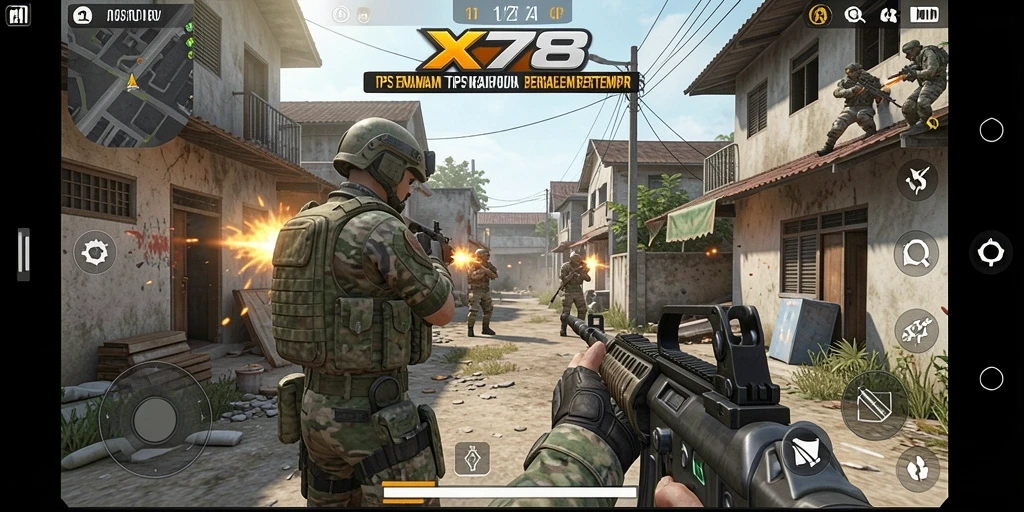 Tangkapan layar gameplay X78 menampilkan aksi tembak-menembak yang mendebarkan.